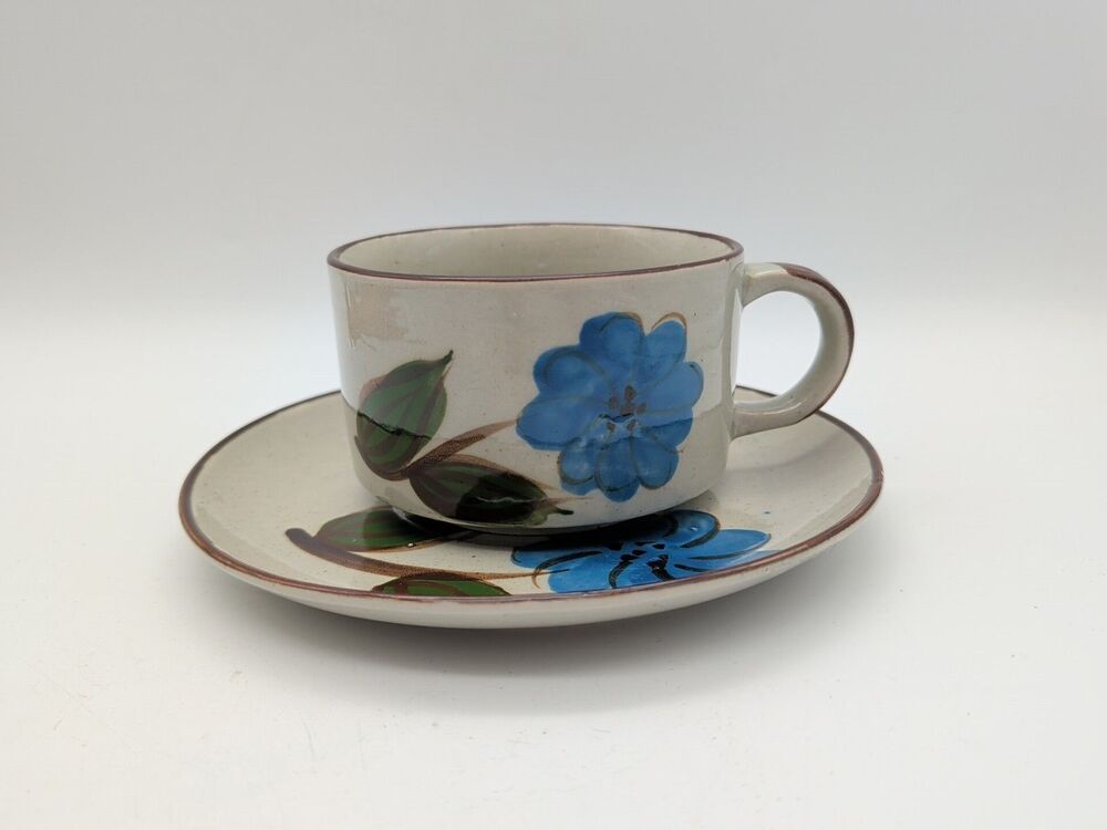 Vtg Stoneware Mug Korea Chili Chowder Soup Cracker Plate Saucer Blue Flower